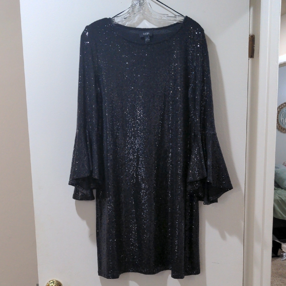 MSK Black Sequined Dress With Bell Sleeves